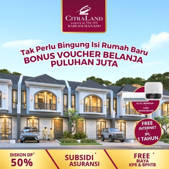 Promotional ad for CitraLand housing featuring a row of modern villas, branding, and Indonesian text about vouchers, discounts, and free amenities.