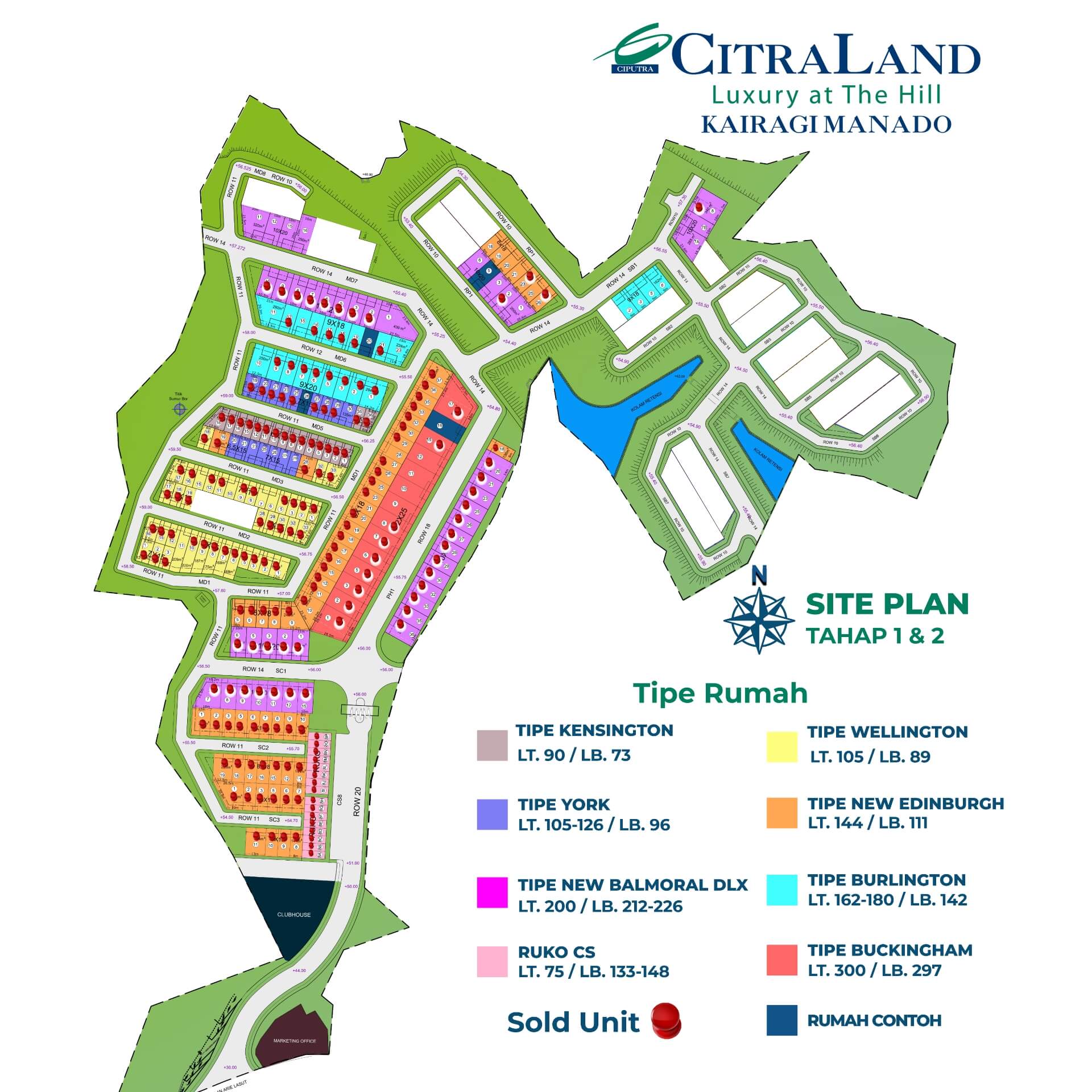 Site plan map of a luxury residential development with colored blocks, roads, and a legend.